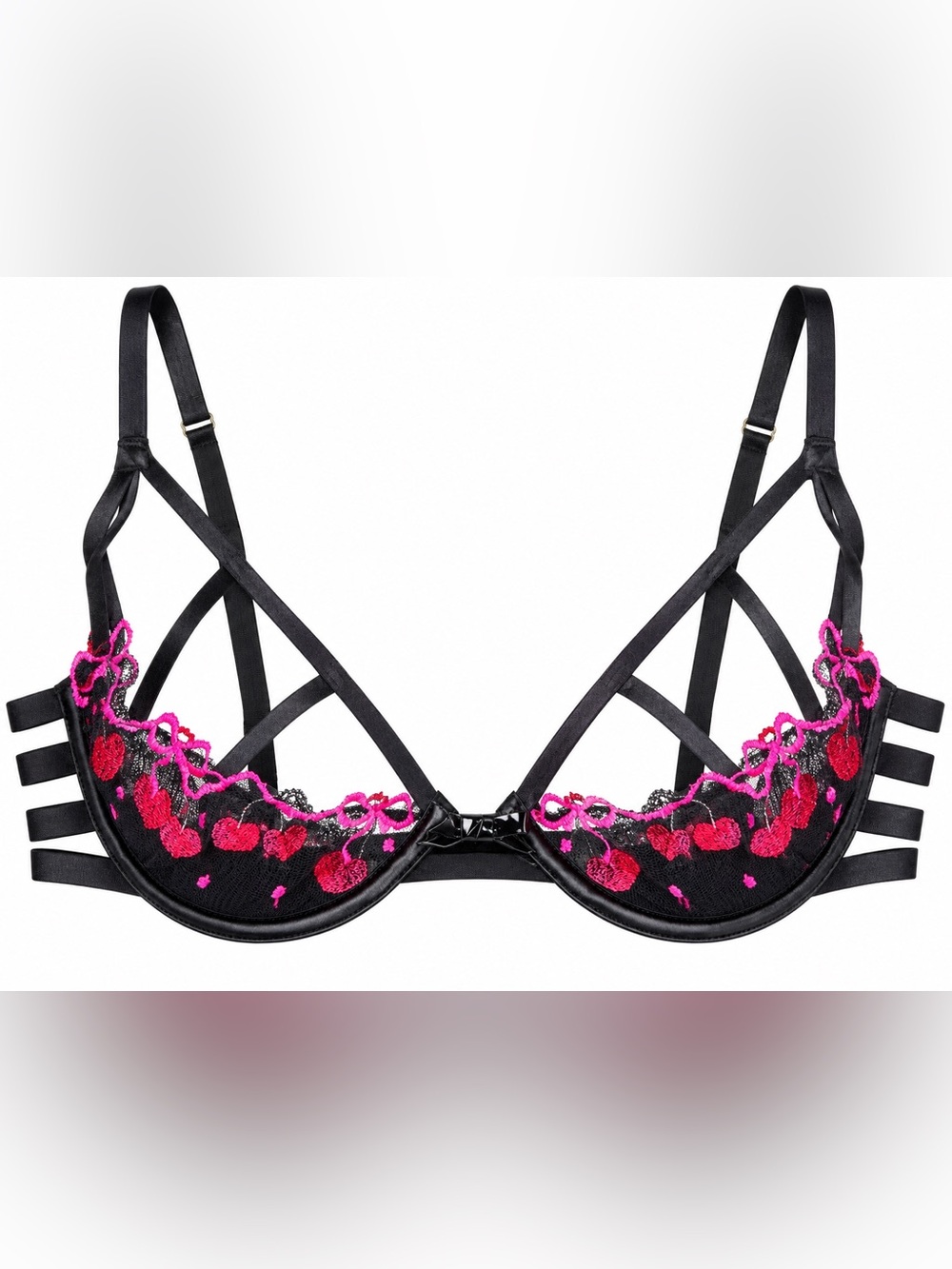 Victoria's Secret NWT XL Cherry Pop Embroidered Strappy Peekaboo Open Cup Bra